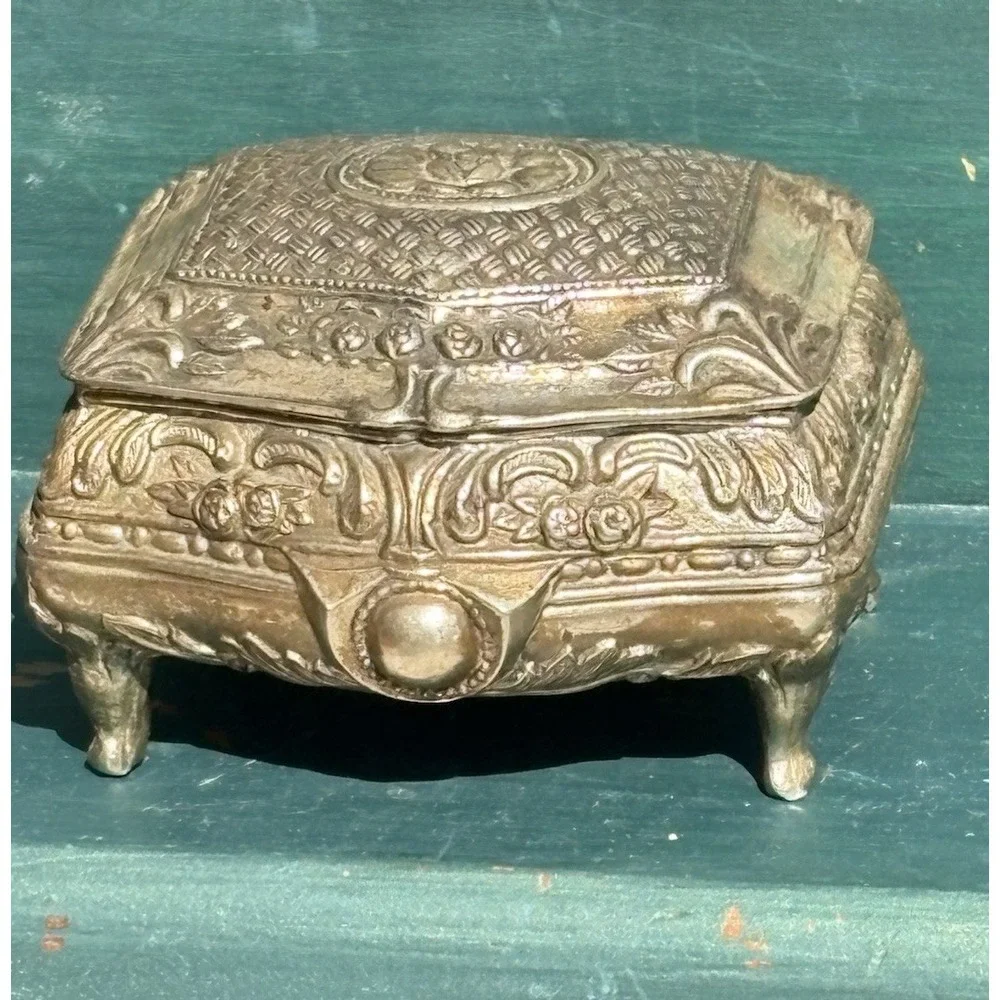 Jewelry Casket Case Trinket Box Silver Finish Footed Japan 3.25